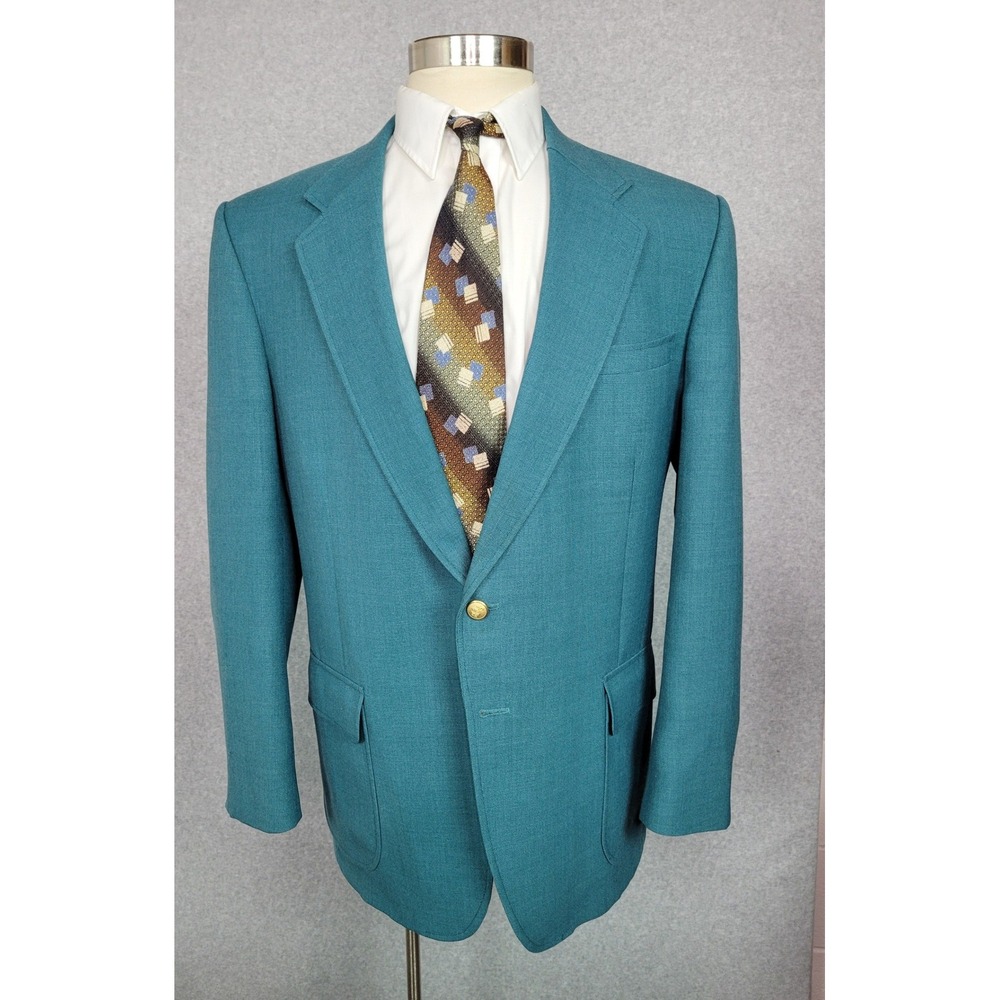 Stafford Mens Green Worsted Wool Blend Blazer‎ Sport Coat Gold Buttons 44L USA